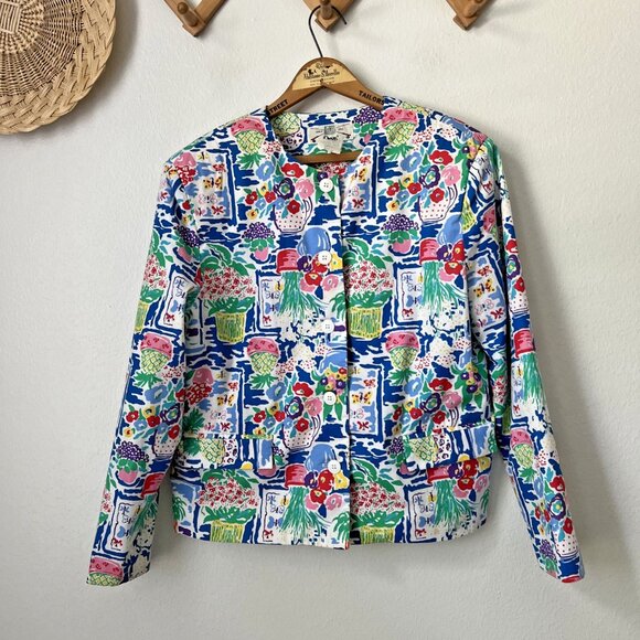Vtg Orvis colorful bright floral button up jacket long slv 10 summer office wear - Picture 1 of 4